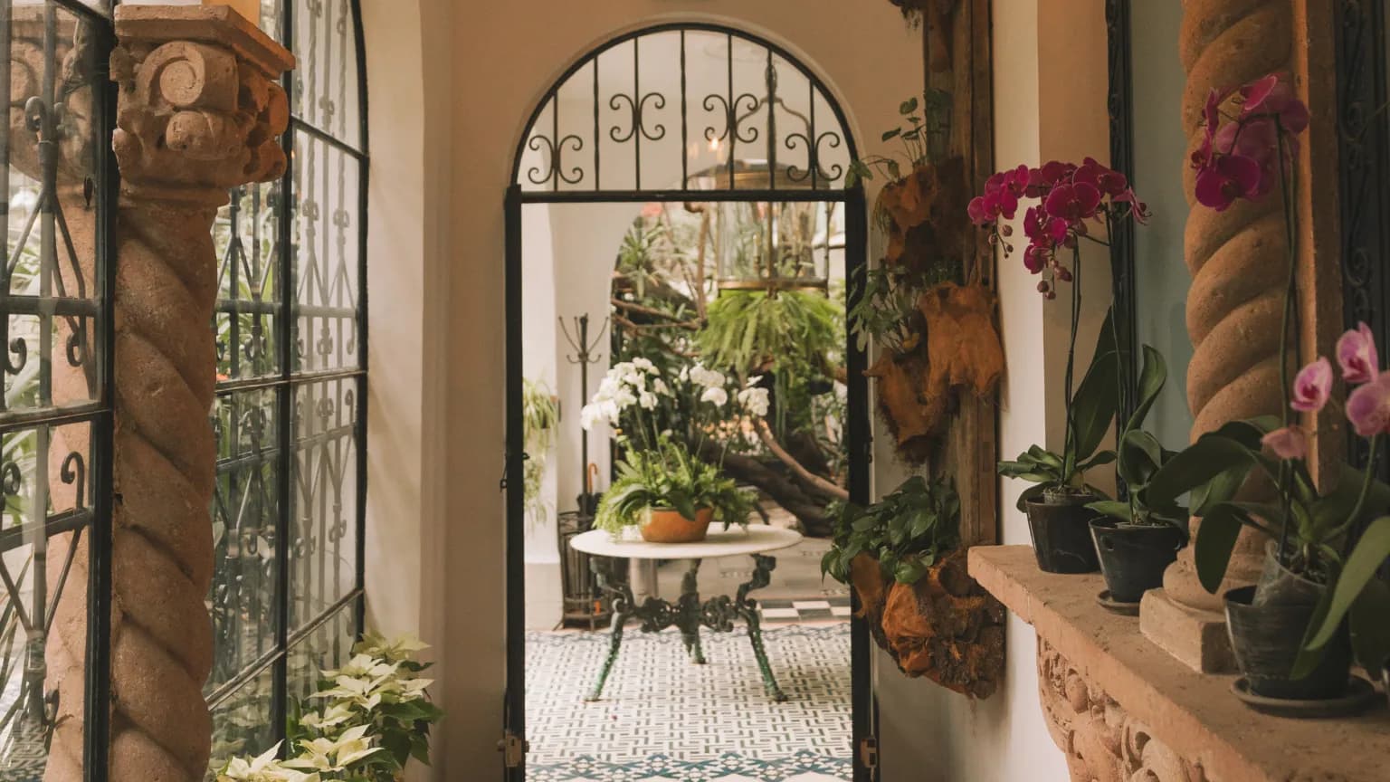 An entrance hall with orchids on a stone shelf and an arched iron gate opening onto the lobby
