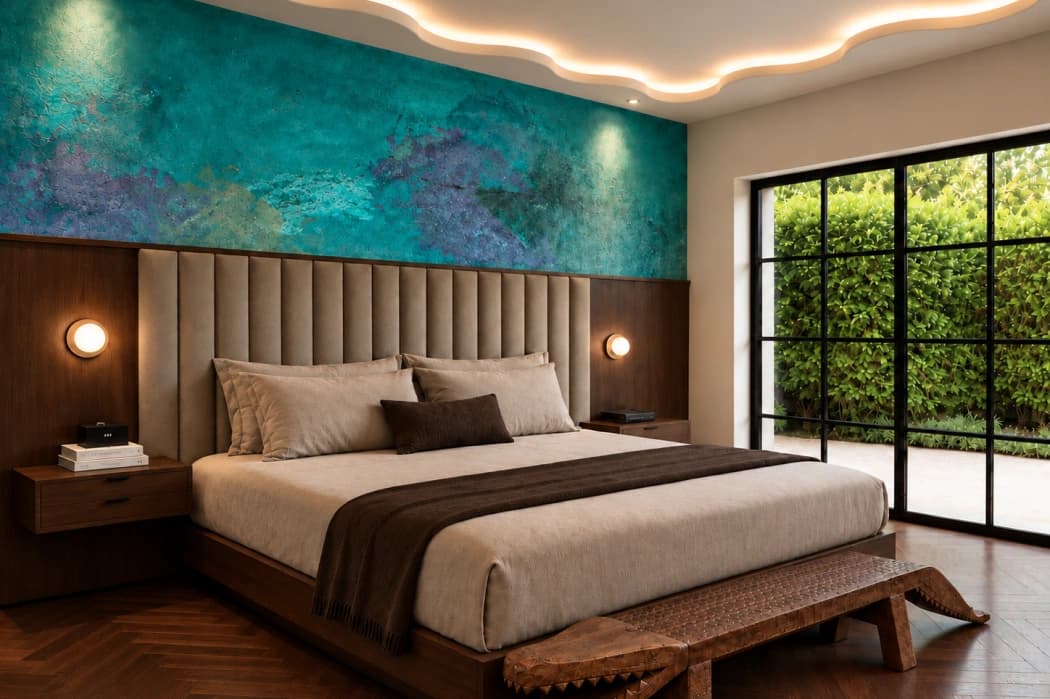 An Orchid Heritage House room: king bed with a sand-toned padded headboard, a turquoise tadelakt wall, a lit wavy ceiling and a floor-to-ceiling window onto the garden