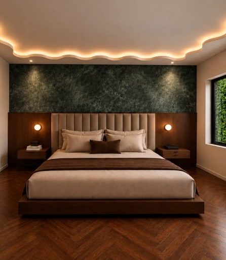A king bed against a dark green textured wall, beneath a sculptural cove-lit ceiling, with a window onto greenery