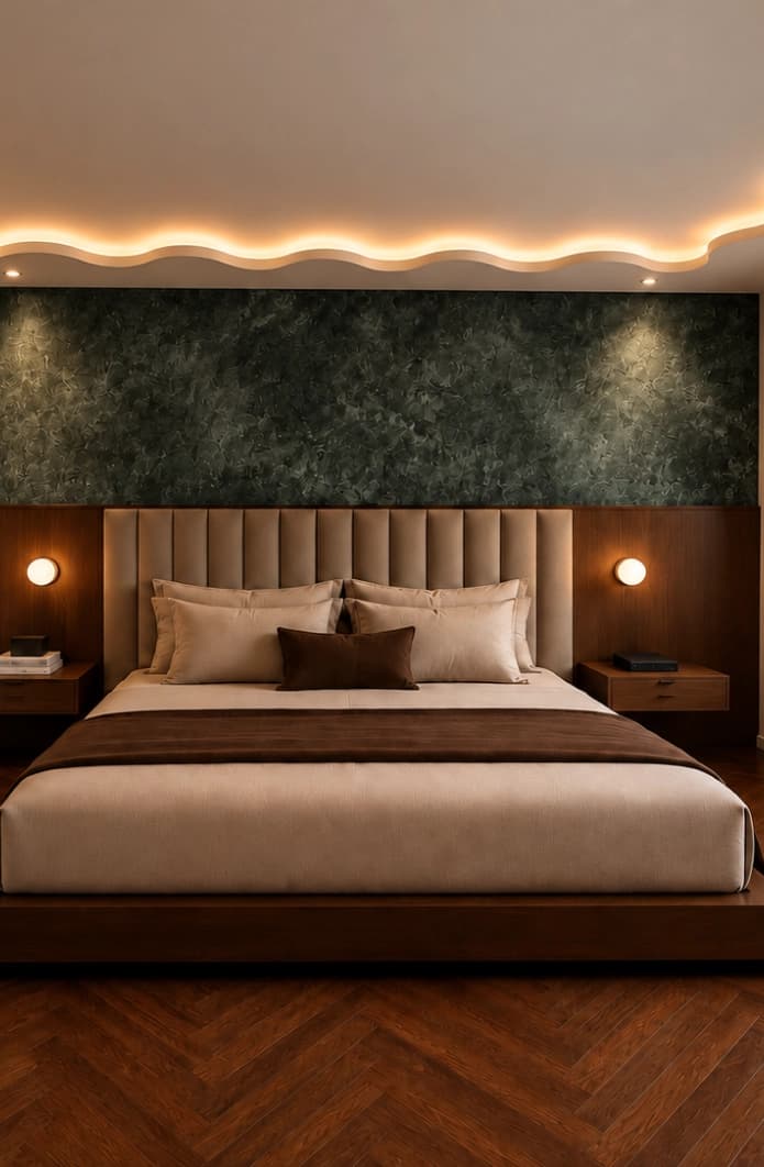 A king bed against a dark green textured wall, beneath a sculptural cove-lit ceiling, with a window onto greenery