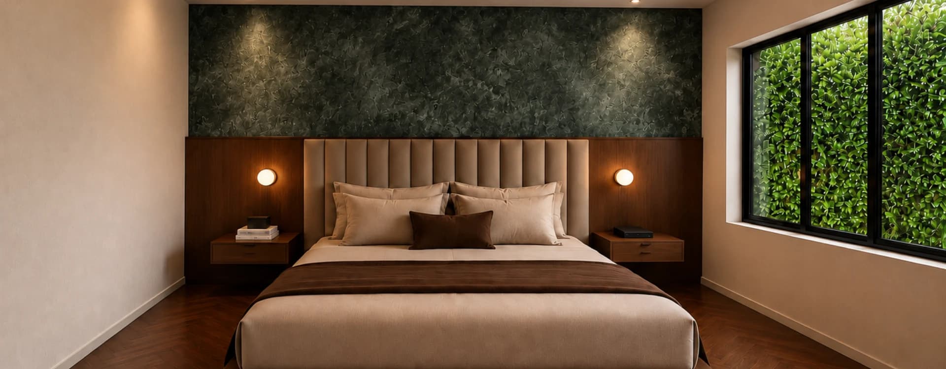 A king bed against a dark green textured wall, beneath a sculptural cove-lit ceiling, with a window onto greenery