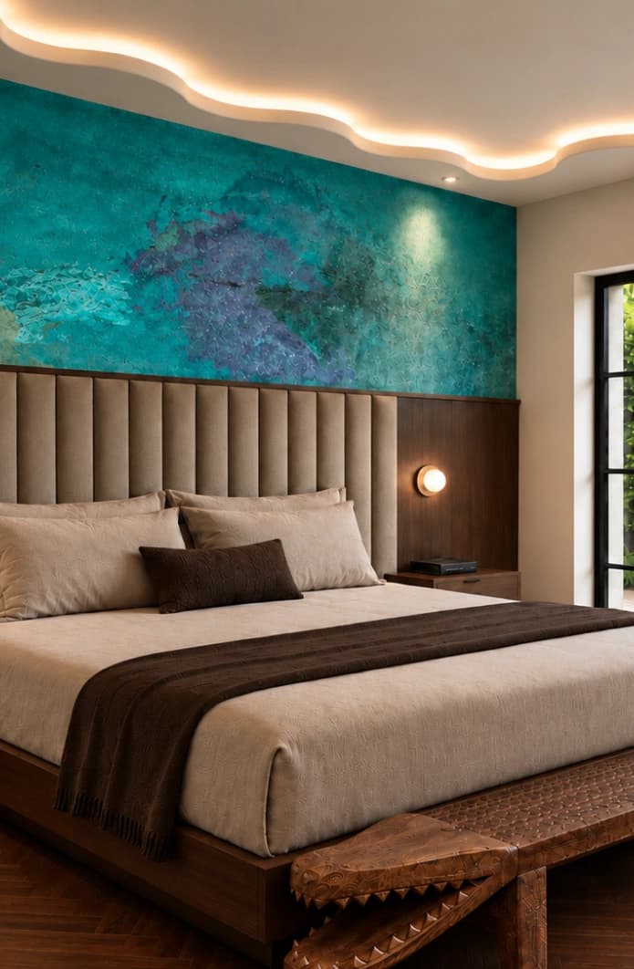 A king bed beneath an abstract mural in teal and purple tones, with glass doors opening onto the garden