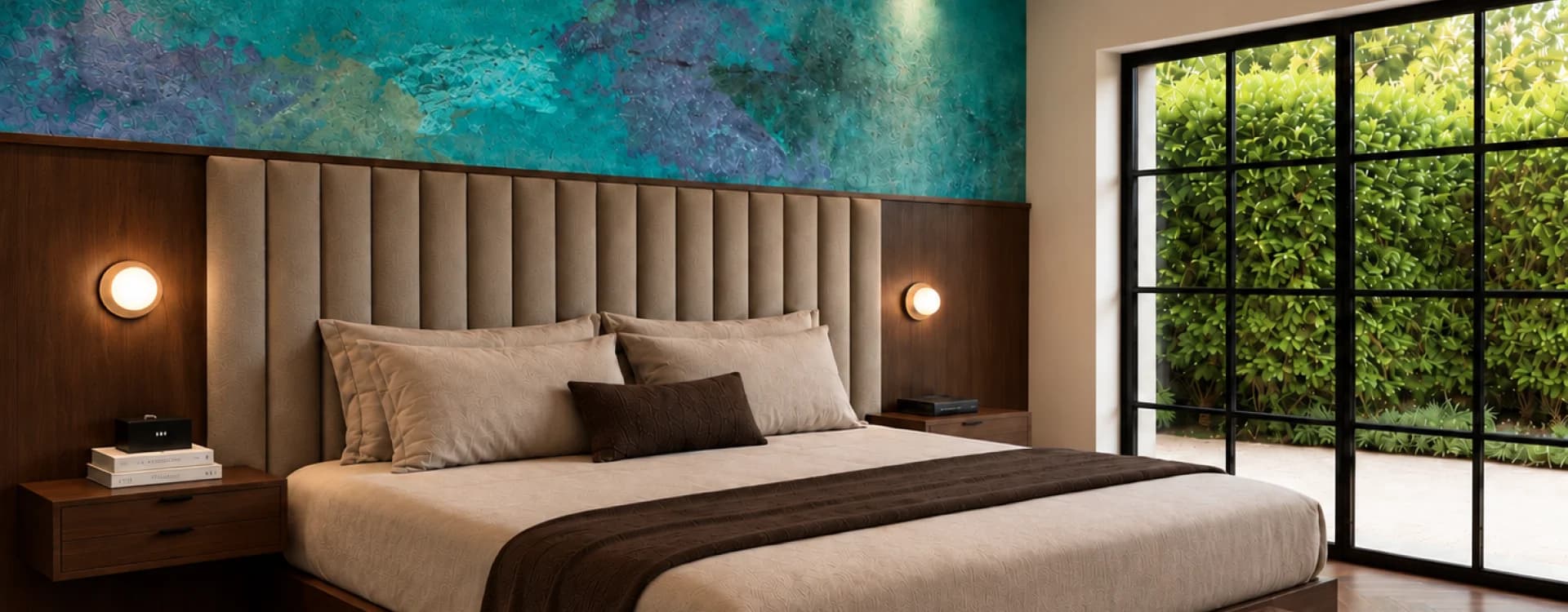 A king bed beneath an abstract mural in teal and purple tones, with glass doors opening onto the garden