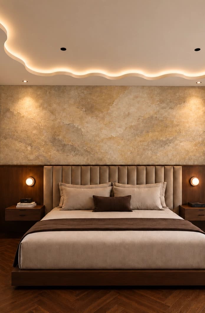 A king bed beneath a textured gold stone-look wall and a sculptural cove-lit ceiling, with a wall sconce on each side