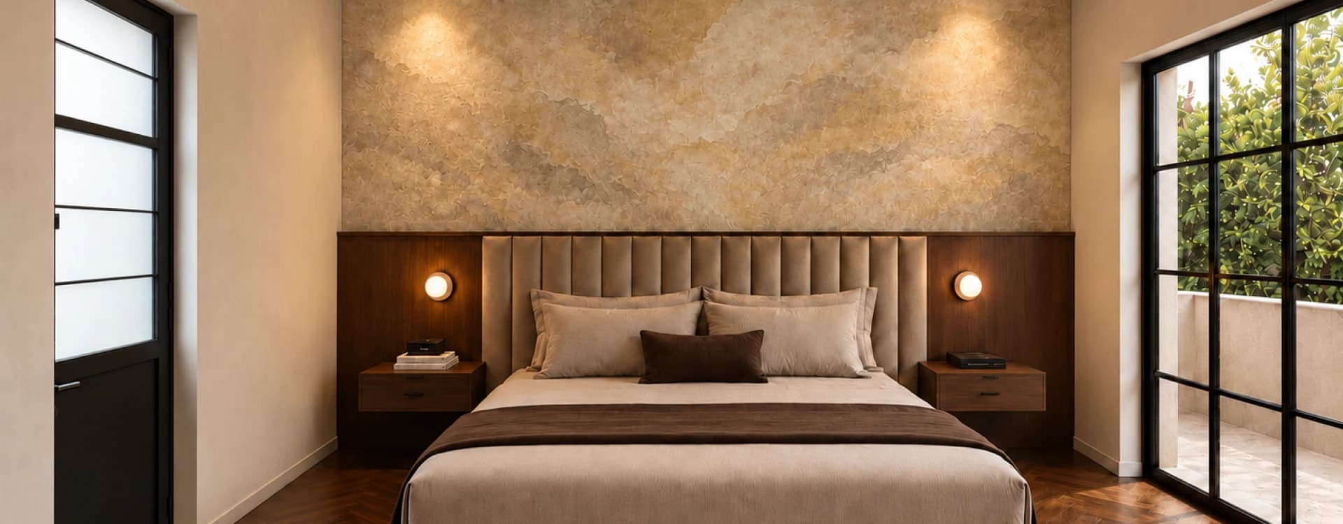 A king bed beneath a textured gold stone-look wall and a sculptural cove-lit ceiling, with a wall sconce on each side
