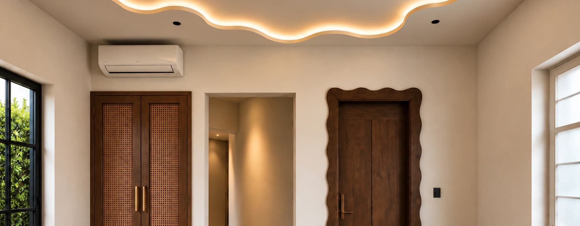 A bedroom's dark-wood closet and a wavy hand-carved timber door, under a sculptural cove-lit ceiling, with a curved hallway of striped marble beyond