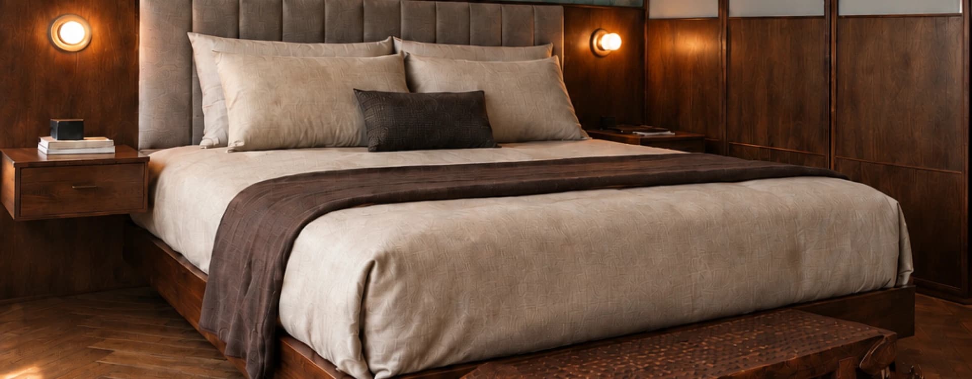 A king bed between dark wood panels, with a carved, textured bench at the foot