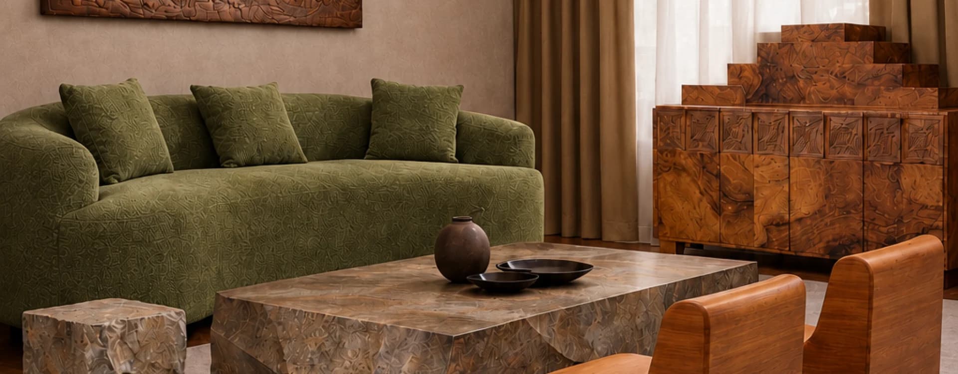 A living room with an olive-green sofa, a carved wood wall relief and a veined stone coffee table