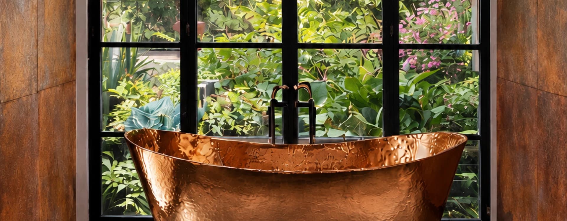 A copper bathtub facing a window onto the garden