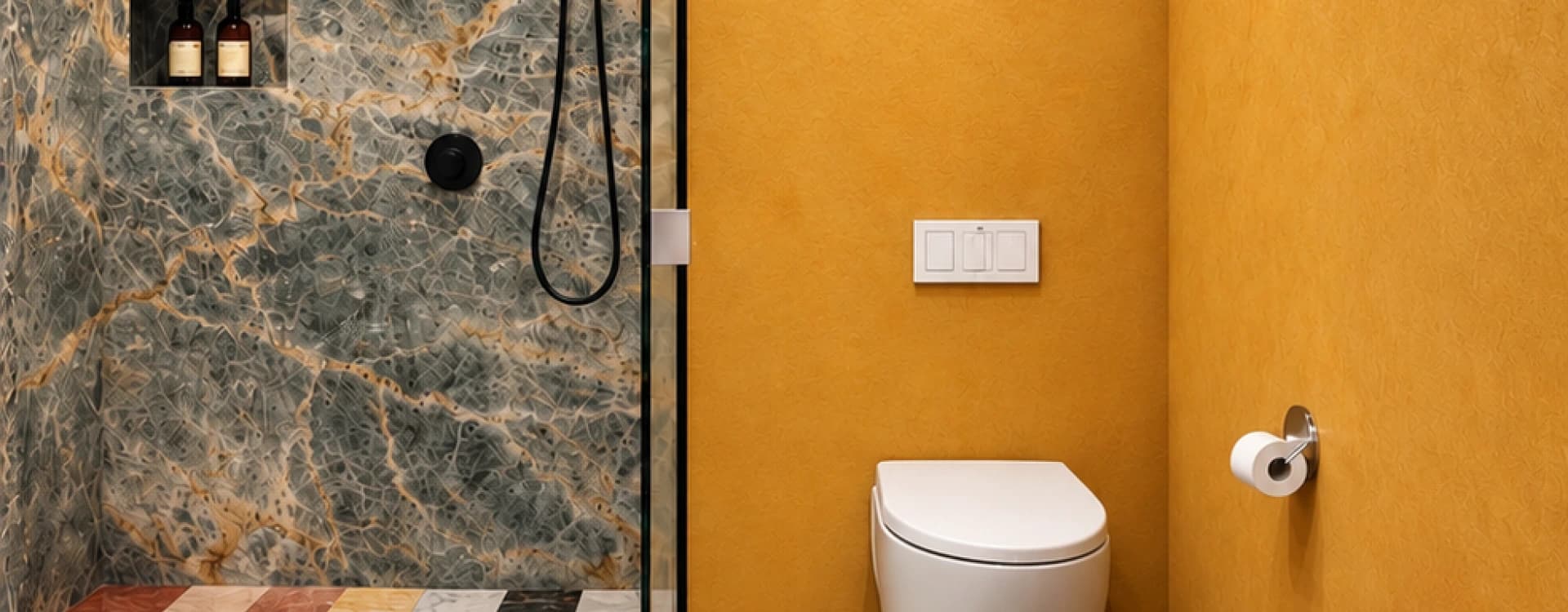 A marble shower beside a mustard-yellow toilet area