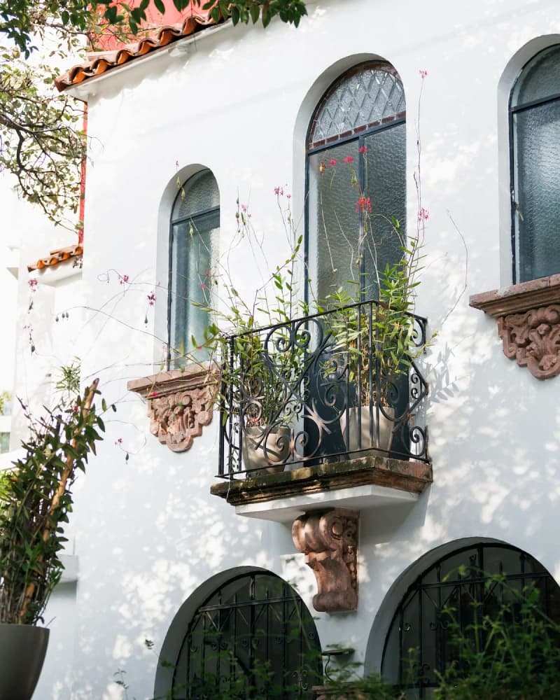 A wrought-iron balcony with potted plants and climbing vines, on the house's facade